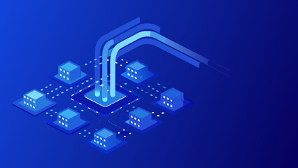 Minimal flat vector illustration of digital analytics environment with data flow and network