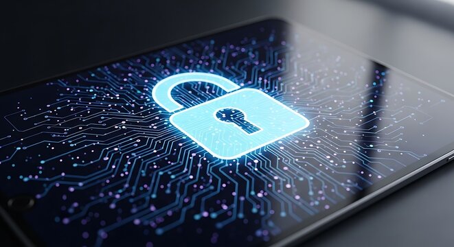 Secure digital lock glowing on a dark tablet screen surrounded by circuit board patterns - Powered by Adobe