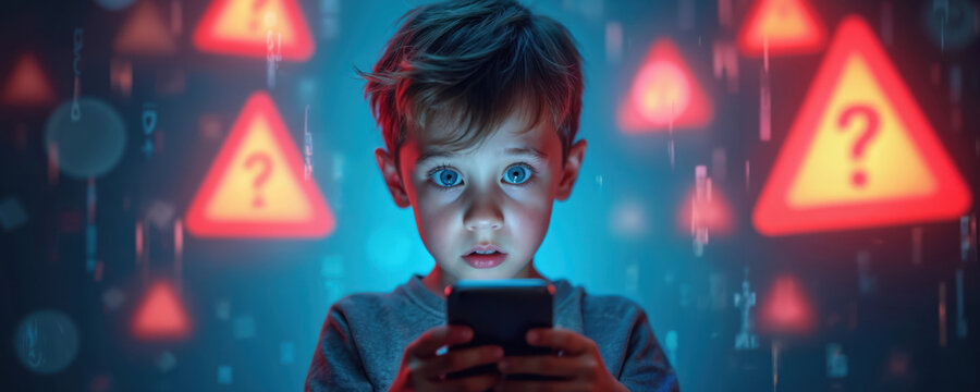 Young child looks shocked at smartphone screen with warning icons. Danger and risks appear on digital display. Kid explores cyberspace with caution and curiosity about online threats.