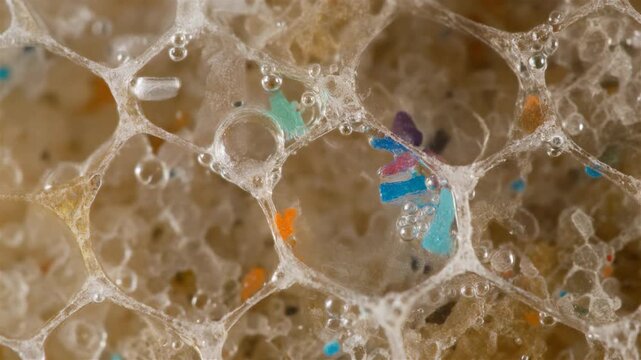 Abstract macro capture of a Plastisphere, featuring pervasive Microfiber Pollution, and symbolizing the imminent threat of Trophic Transfer across ecosystems