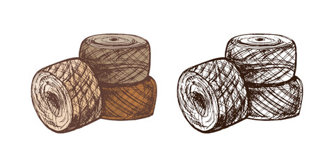 Hand drawn vintage sketch of yarn balls, balls of threads in brown color and monochrome version, cozy knitting thread illustration set