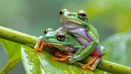 Obraz premium Two vibrant green tree frogs cuddle on a dewy leaf, their big eyes and orange feet visible, with a soft green background