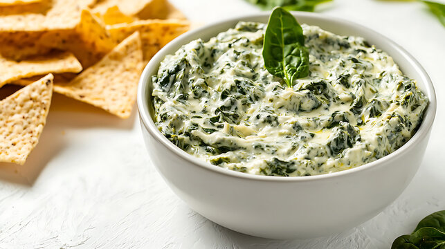Creamy spinach dip served with crispy tortilla chips appetizer