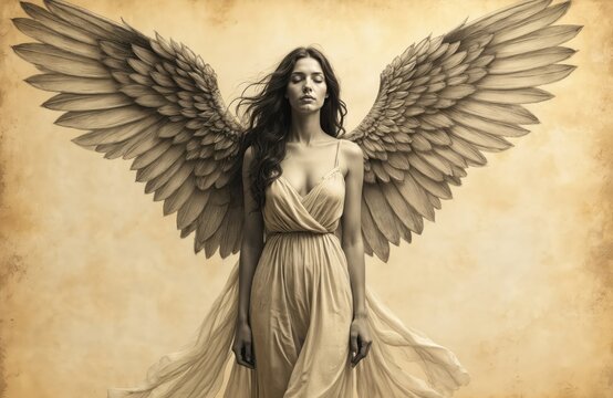 Pencil sketch of beautiful woman with large feathered wings. Female figure in light dress stands with closed eyes. Aged parchment background creates vintage ethereal mood. Spiritual being floats.