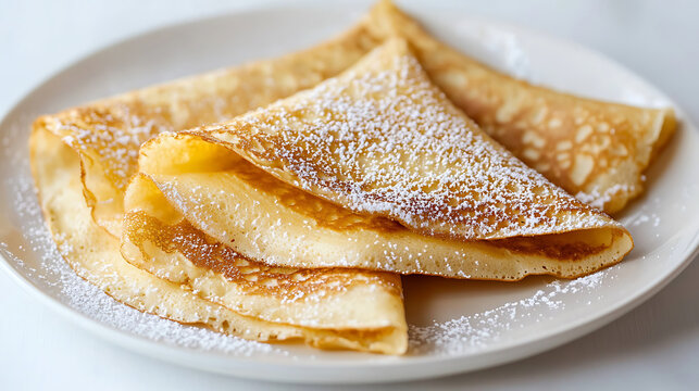 Homemade crepes dusted with powdered sugar on white plate