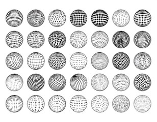 Collection of stylized 3D spheres with diverse patterns on white