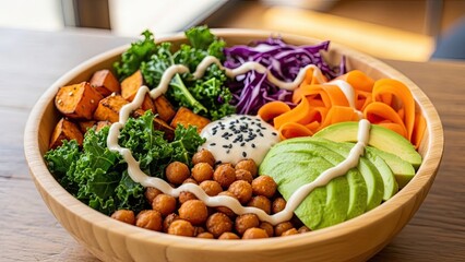 Healthy Buddha Bowl with Vegetables and Chickpeas.
