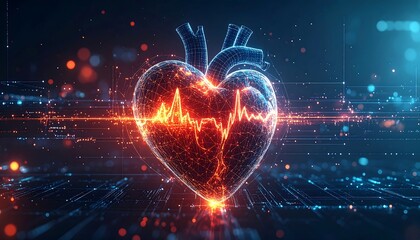 Obraz premium Digitally rendered human heart illustration with an electrical pulse, set against a futuristic, tech-inspired backdrop