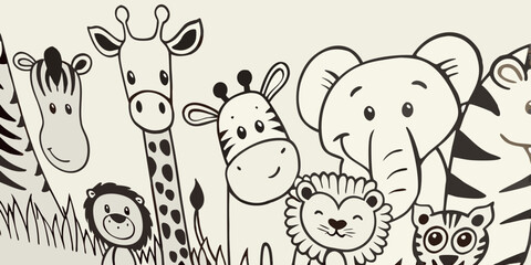 Obraz premium Charming black and white illustration of playful african animals for kids