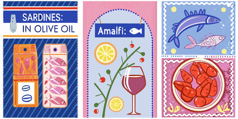 A collection of vintage style food themed postage stamps displayed together © Sudebi