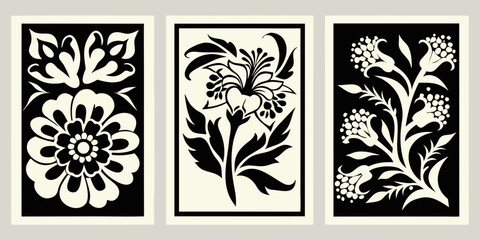 Elegant floral triptych featuring symmetrical black and white botanical designs