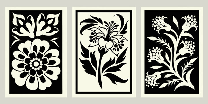 Elegant floral triptych featuring symmetrical black and white botanical designs
