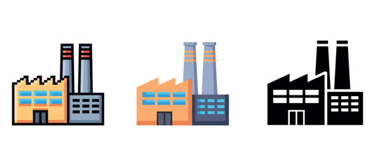 Obraz premium Colorful and monochrome factory icons with industrial structures