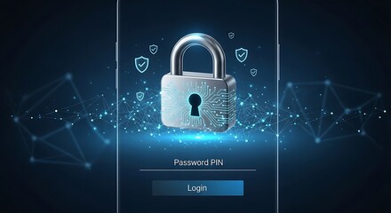 Secure login interface with padlock and authentication details in a futuristic digital environment viewed from the front