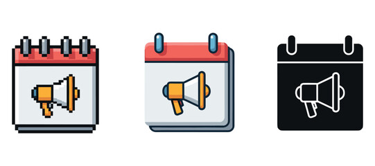 Icon set of calendar and megaphone illustrations in various styles