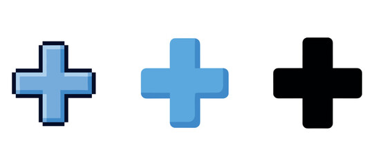 Obraz premium Three stylized plus icons in different colors and styles on white background
