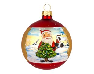 Red bauble with Santa, decorated Christmas tree, winter scene