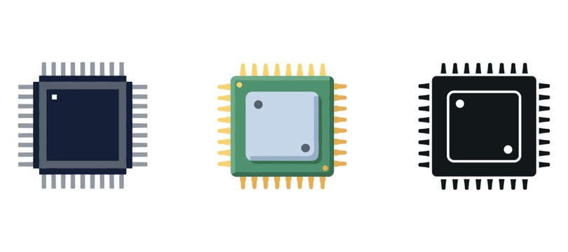 Set of three microchips on white background: blue, green, black