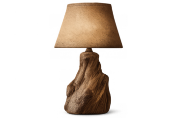 Rustic table lamp featuring a natural wood base and fabric shade, creating an organic lighting design for homes