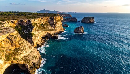 Dramatic coastal cliffs meeting the turquoise ocean waves under a soft sunset sky.
