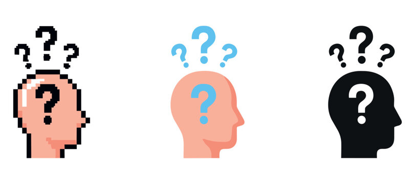 Three stylized silhouettes with question marks - pixel, flat, solid art styles