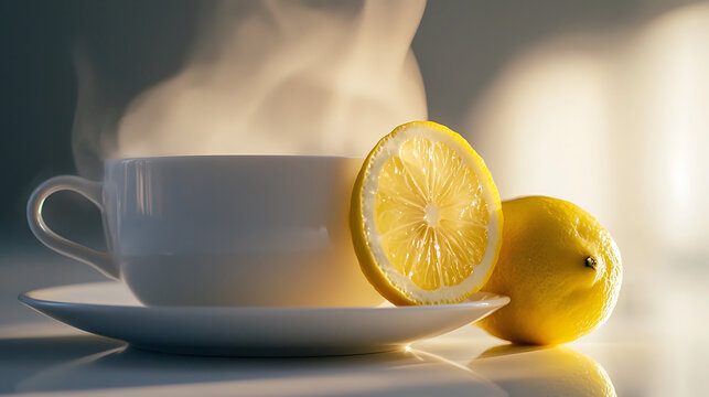 Steaming cup of hot tea served with fresh lemon slices