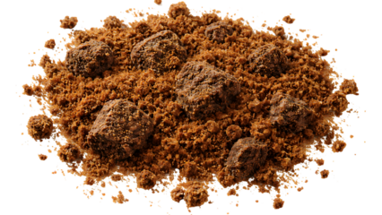 Top View of Dark Brown Sugar Heap with Hard Dried Lumps and Granules Isolated on White Background