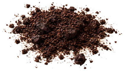Top View of Wet Used Coffee Grounds Spilled and Clumped Isolated on White Background