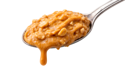 Top View of Metal Spoon Scooping Chunky Peanut Butter with Drips and Texture Isolated on White Background