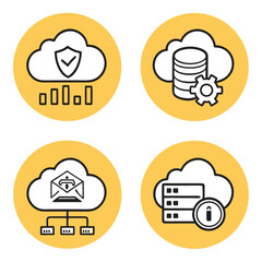 Cloud computing icons for security, data storage, and networking