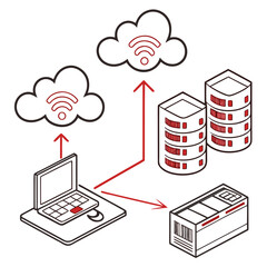 A laptop computer connects to cloud servers and data storage devices