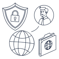 A cartoon man accessing a secure global network with a shield and lock