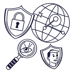 A cartoon illustration of security and protection symbols on a white background