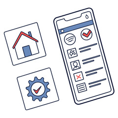A smartphone with a checklist on the screen next to a house and gear icons