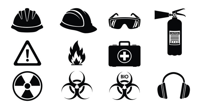Safety equipment icons helmets goggles fire extinguishers and hazard warnings