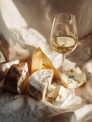 Savoring a curated selection of soft and hard cheeses alongside a glass of white wine Generative AI