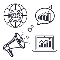 A black and white illustration of SEO and marketing concepts