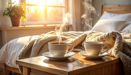 Two warm beverages sit on a small wooden table, steam rising as the sun shines through the nearby window