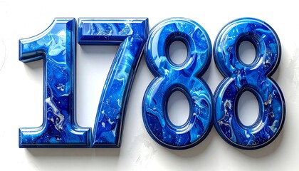 Digitally rendered large, glossy numbers in a blue and white marbled design, on a bright white background