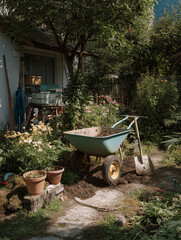 Fototapeta premium A wheelbarrow on a stone path, surrounded by vibrant plants and blooming flowers Generative AI