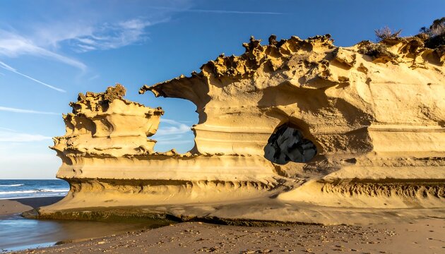 Dramatic rock formations sculpted by the sea on a sandy beach under a clear blue sky. - Powered by Adobe
