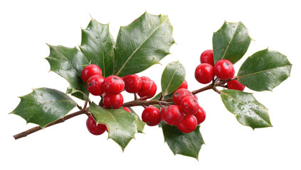 Vibrant Holly Branch with Red Berries and Green Leaves Isolated on Transparent Background