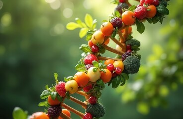 DNA double helix structure built from fresh colorful fruits and vegetables. Healthy food science concept, organic nourishment, raw diet basis. Natural genetic code, botanical nutrition science.