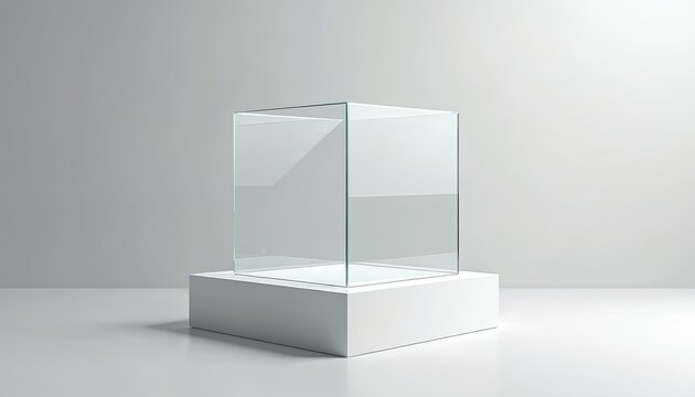 Clear glass cube case on white pedestal. Minimalist empty square display stand. Modern exhibition podium for product presentation or museum item.