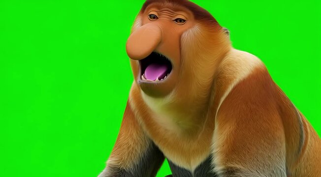 Proboscis Monkey With Large Nose and Open Mouth - Close Up View