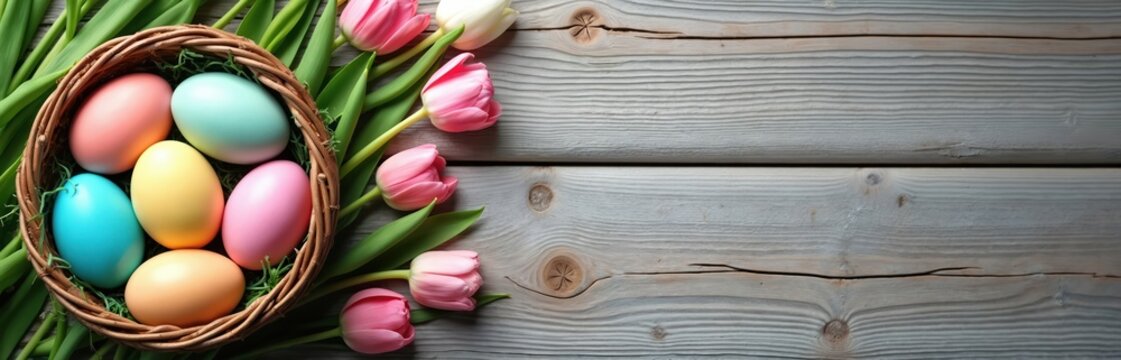 Easter basket with pastel eggs and pink tulips on rustic wood planks. Spring holiday celebration with natural elements and copy space for text. Traditional greeting card visual for April. - Powered by Adobe