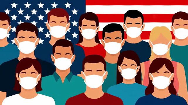 A diverse group of people wearing masks in front of a flag