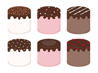 Marshmallow clip art set in brown, pink, and white colors. Perfect for Valentine&rsquo;s Day designs, desserts packaging, stickers, and sweet illustrations.