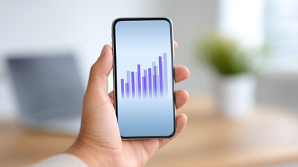 Smartphone hand male person chart bar graph analytics finance business smartphone hand male person chart bar graph analytics finance screen display focus modern office background blur data concept
