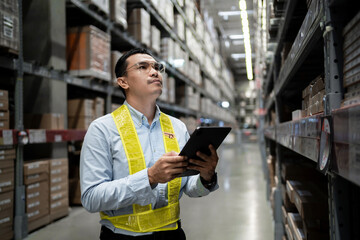 A man in a yellow vest is looking at a tablet while standing in a warehouse